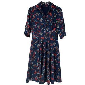 eShakti Shirt Dress Blue Floral Collared A Line Size 4 Short Sleeve Knee Length